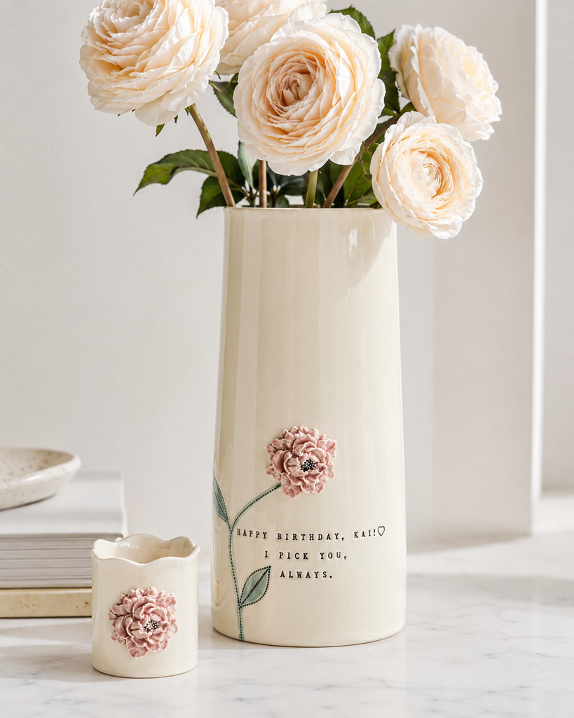 An off-white ceramic flower vase with a pink rose illustration and the text 'HAPPY BIRTHDAY, KAITO I PICK YOU, ALWAYS.' sits on a marble surface next to a matching small cup, with cream-colored roses arranged inside the vase.