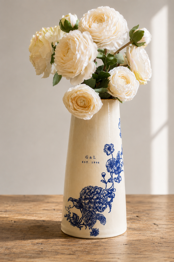 A cream-colored ceramic vase with blue floral illustrations and the text 'GAL EST. 1994', filled with cream-colored roses, set on a rustic wooden table against a neutral beige wall.